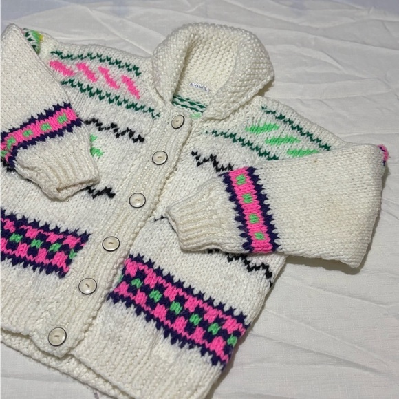 Vintage Cozy Knit Kids Sweater - Cream with Pink and Green Accents - Picture 2 of 9